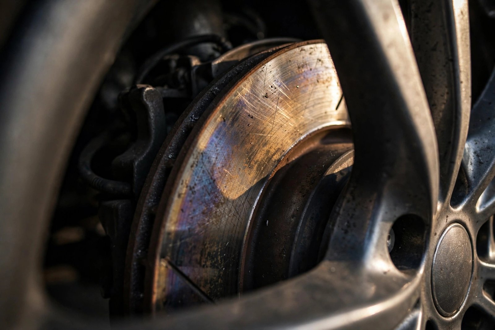 Close-up of a car brake rotor and caliper with visible heat discoloration on the disc surface