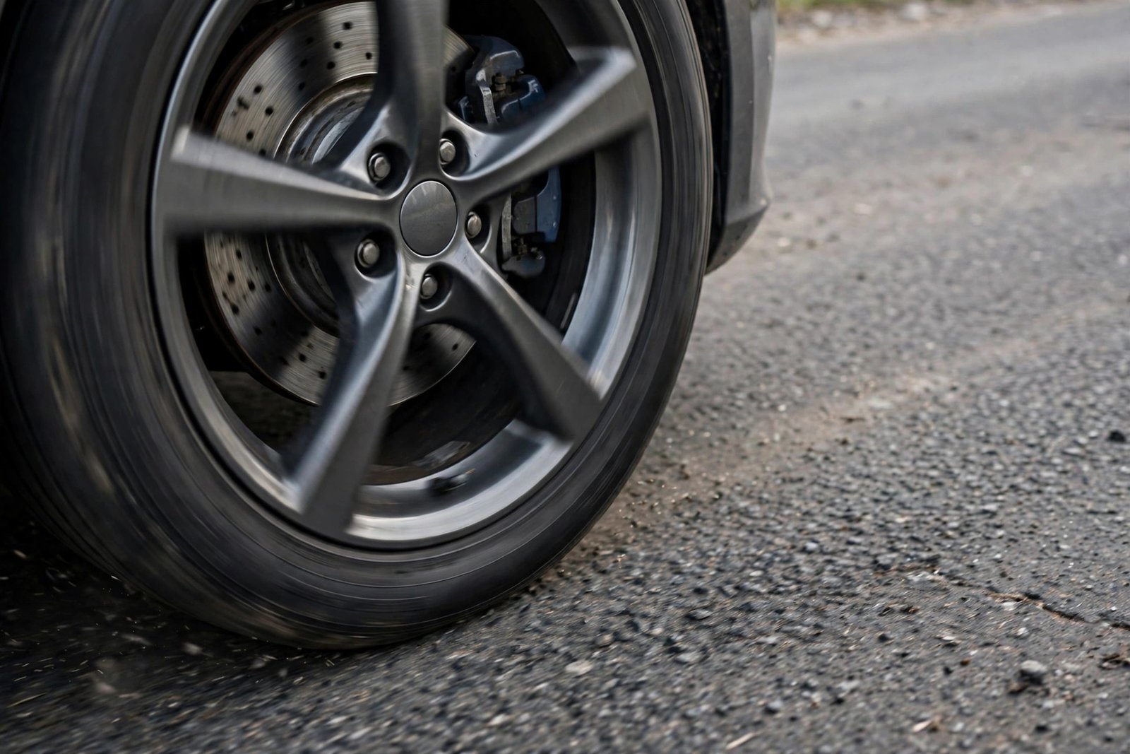Car wheel with brake components visible, inspection of a grinding brake while driving