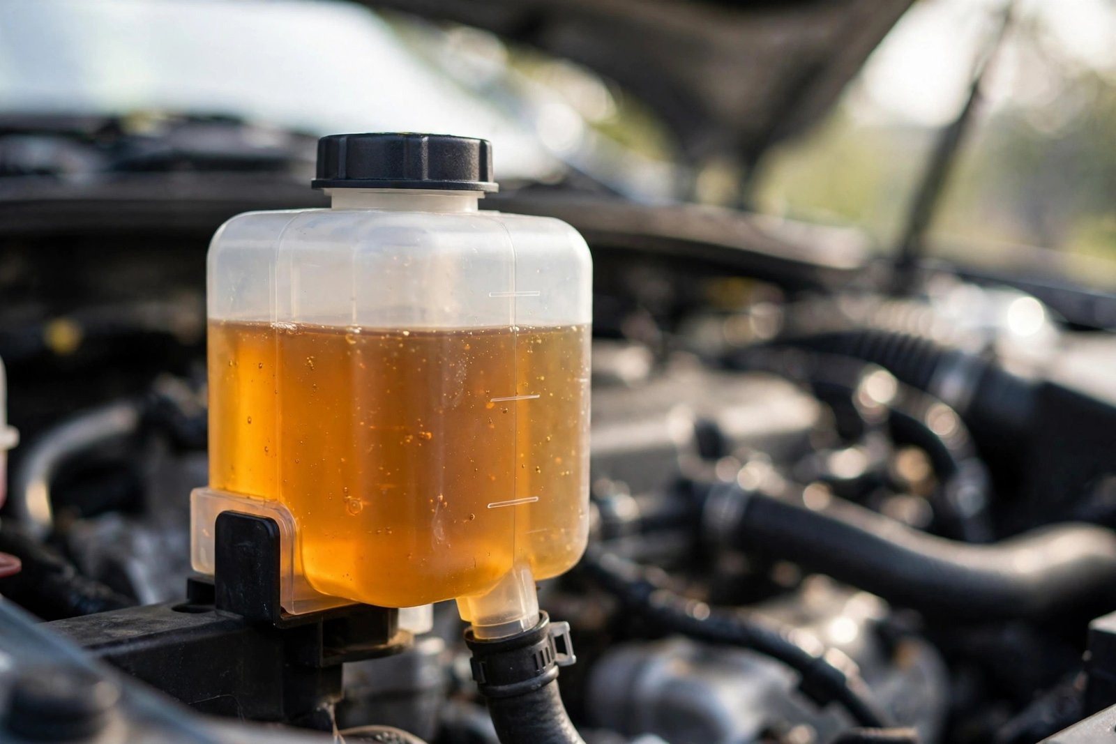 Brake fluid reservoir under a car hood showing fluid level between minimum and maximum marks