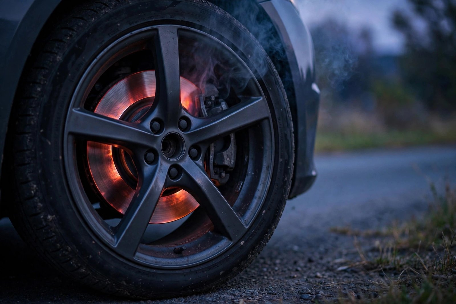 Close-up of a car front wheel with a brake disc showing signs of heat after heavy braking