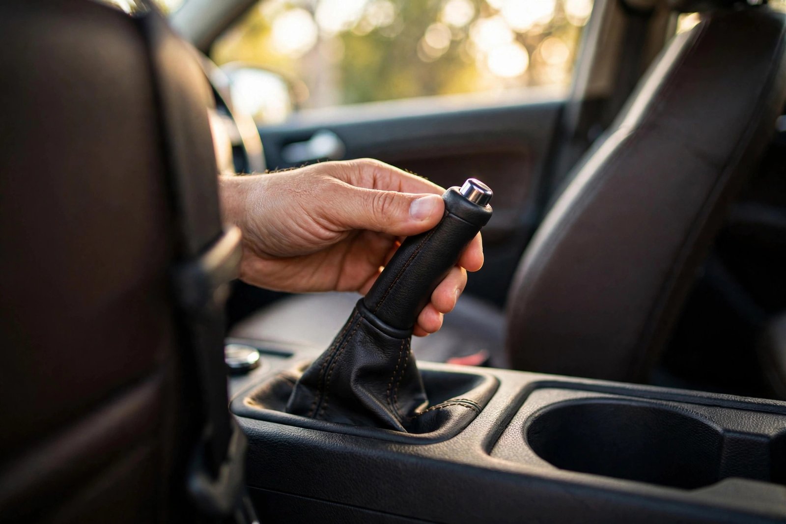 Driver's hand reaching for a parking brake lever inside a car cabin
