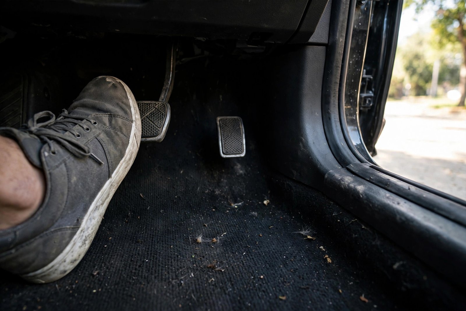 Driver's foot on a car brake pedal that is sinking toward the floor
