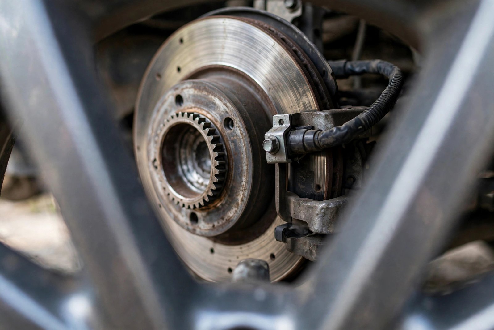 Car wheel hub area showing the ABS wheel speed sensor and tone ring near the brake rotor