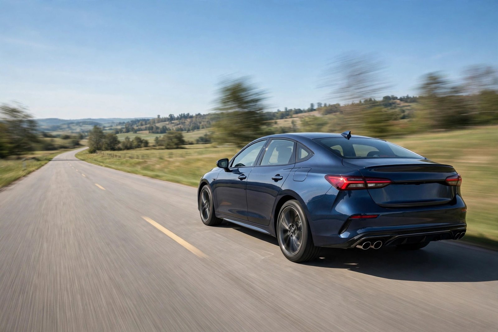 Car accelerating away on an open road, rear three-quarter view with motion blur
