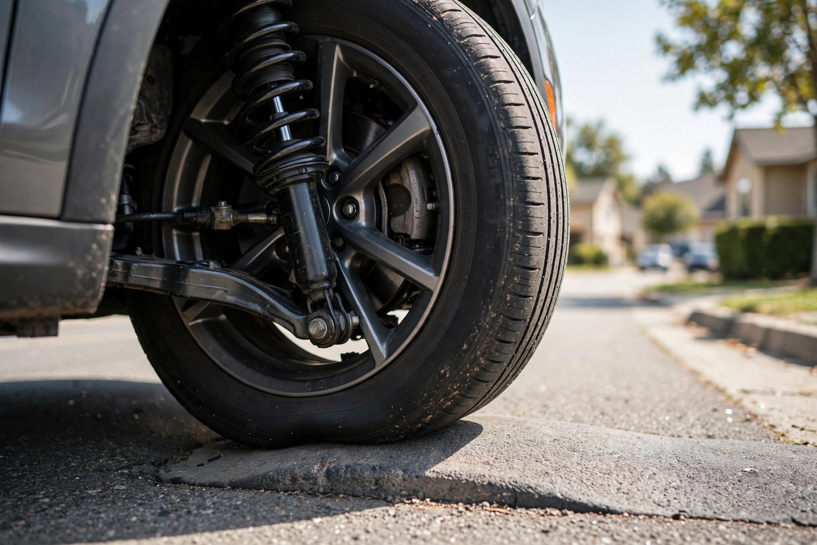 Close-up of a car's front wheel and suspension going over a speed bump