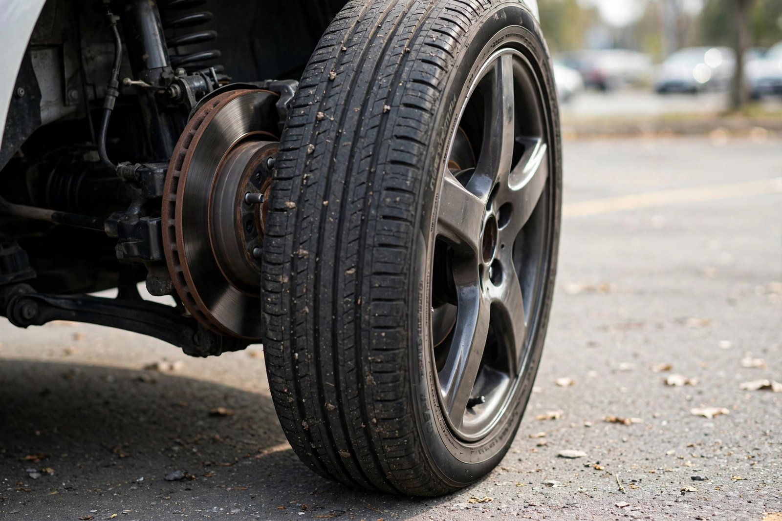 Close-up of a car's front wheel at full steering lock in a parking lot