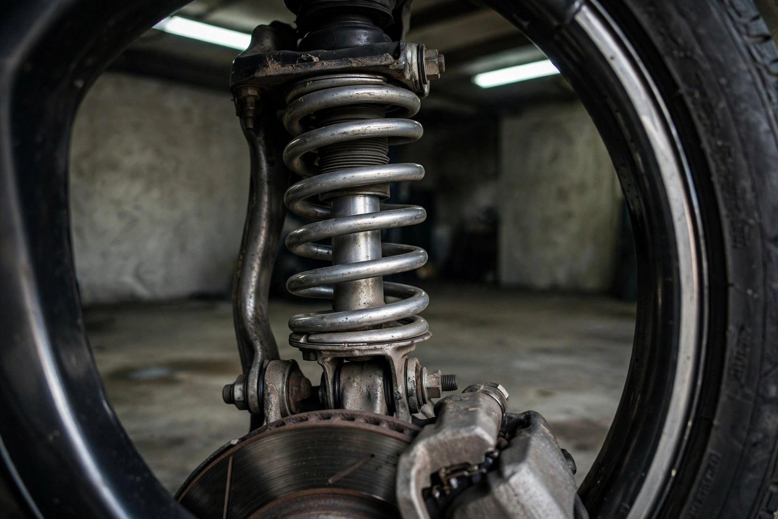 Close-up of a car's front strut and coil spring suspension assembly
