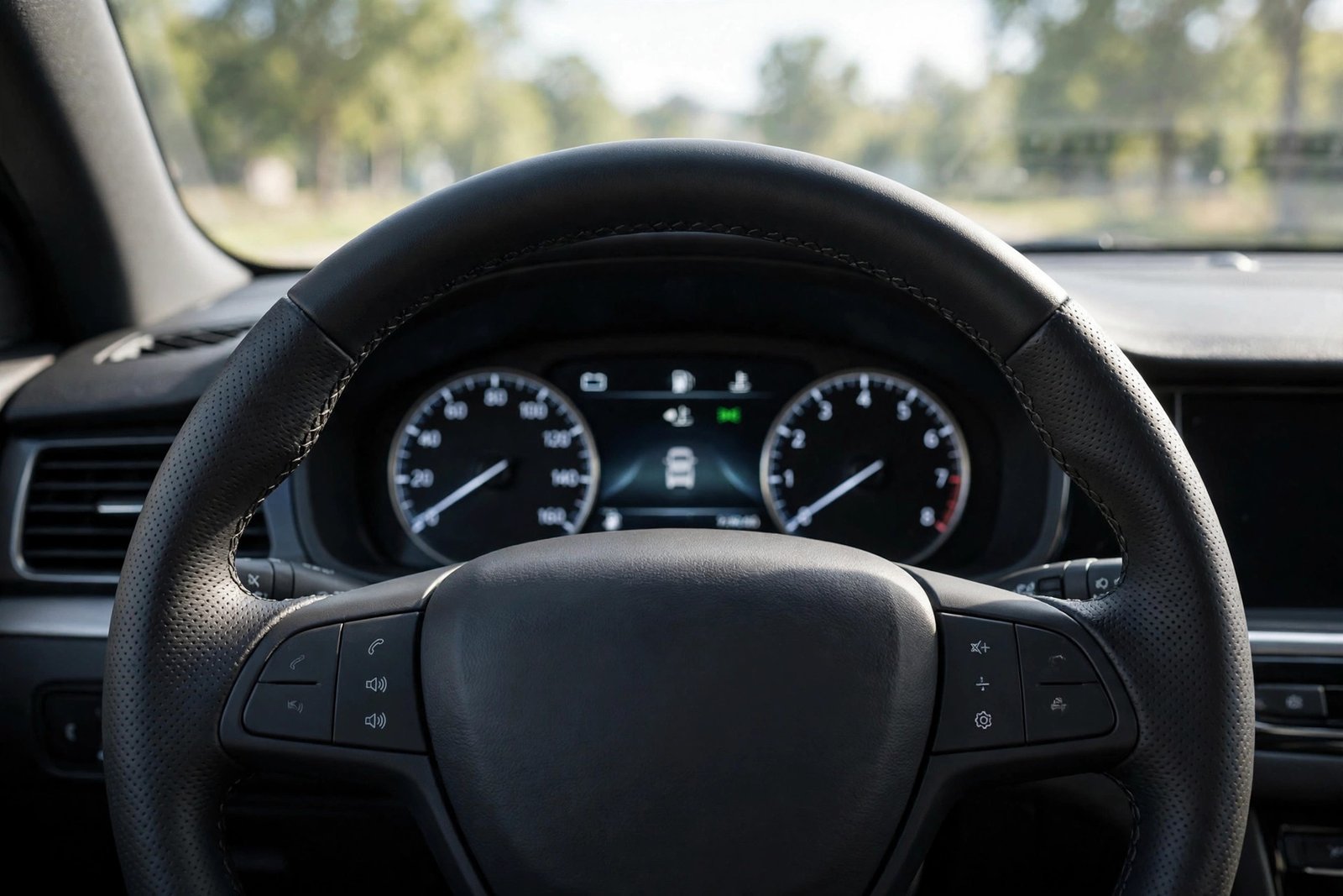 Close-up of a car's steering wheel and instrument cluster from the driver's seat