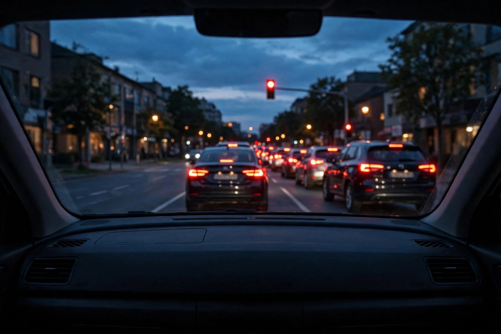 Car stopped at a red traffic light at dusk, driver's view through the windshield