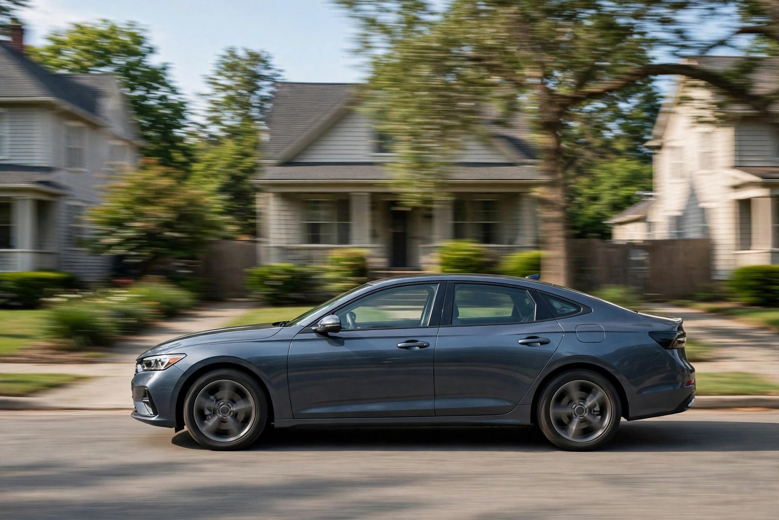 Sedan driving slowly on a quiet residential street with slight motion blur