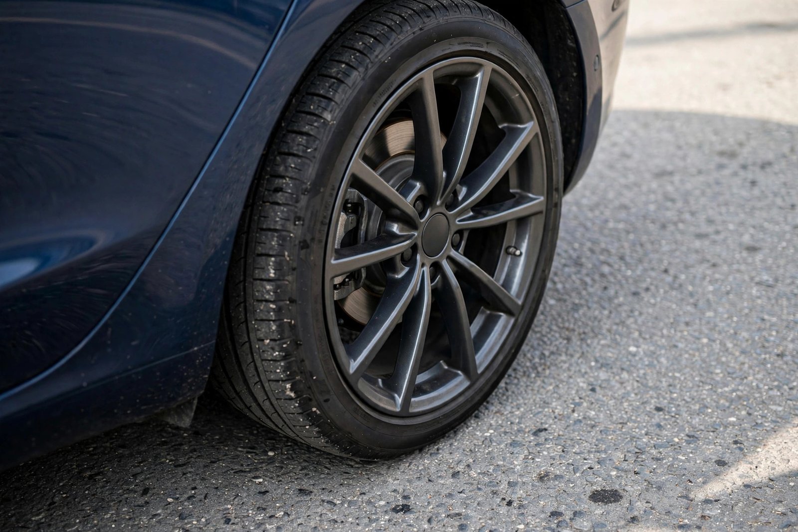 Close-up of a car's rear wheel and tire tread on asphalt