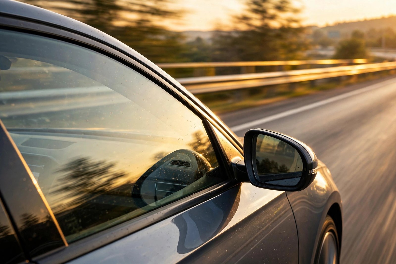 Car driving fast on a highway at golden hour, side window and mirror in focus with motion blur