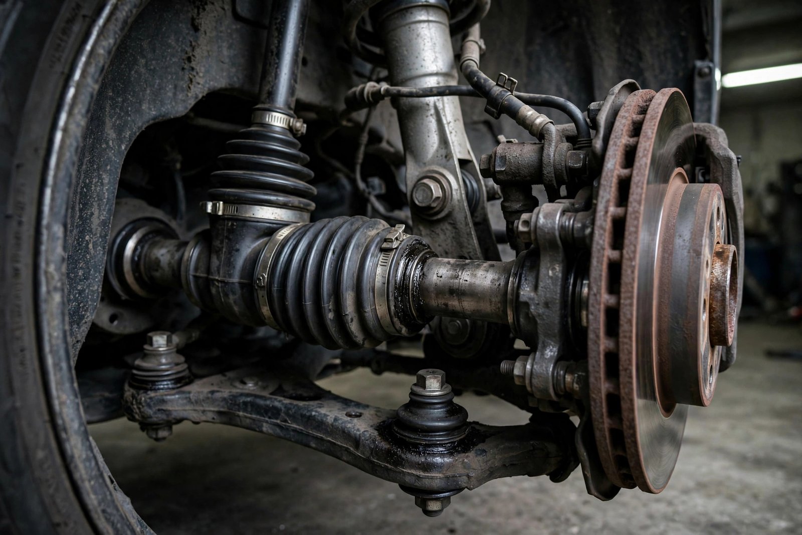 Close-up of a car's front axle and CV joint area behind the wheel