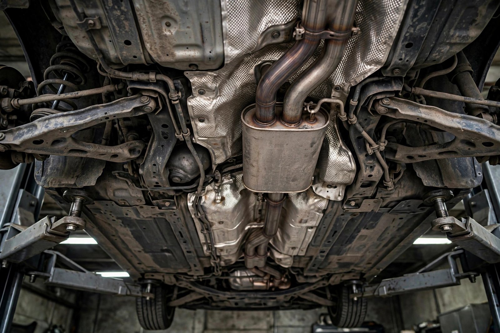 Car's exhaust system and underbody on a garage lift, heat shields and muffler visible