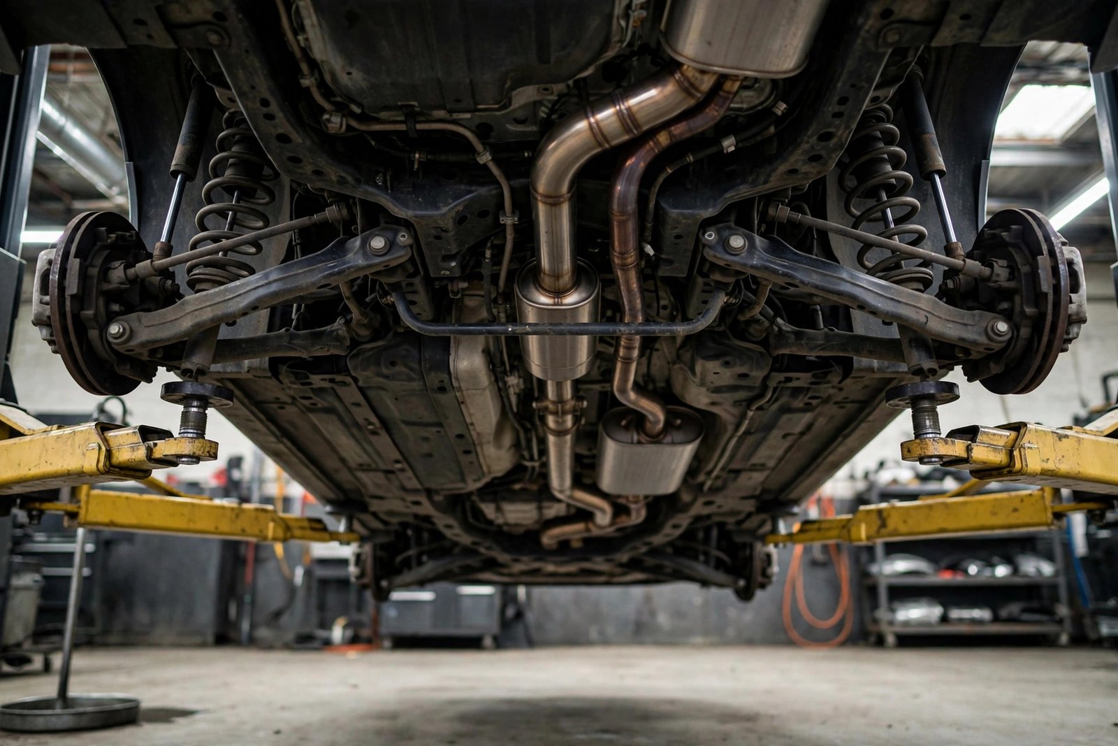 View of a car's undercarriage on a garage lift showing exhaust and suspension components