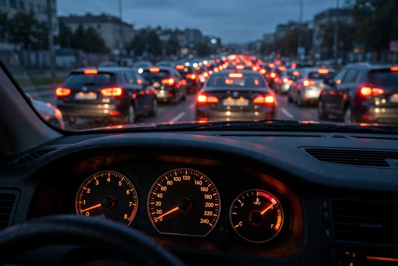 Car temperature gauge rising in bumper-to-bumper traffic