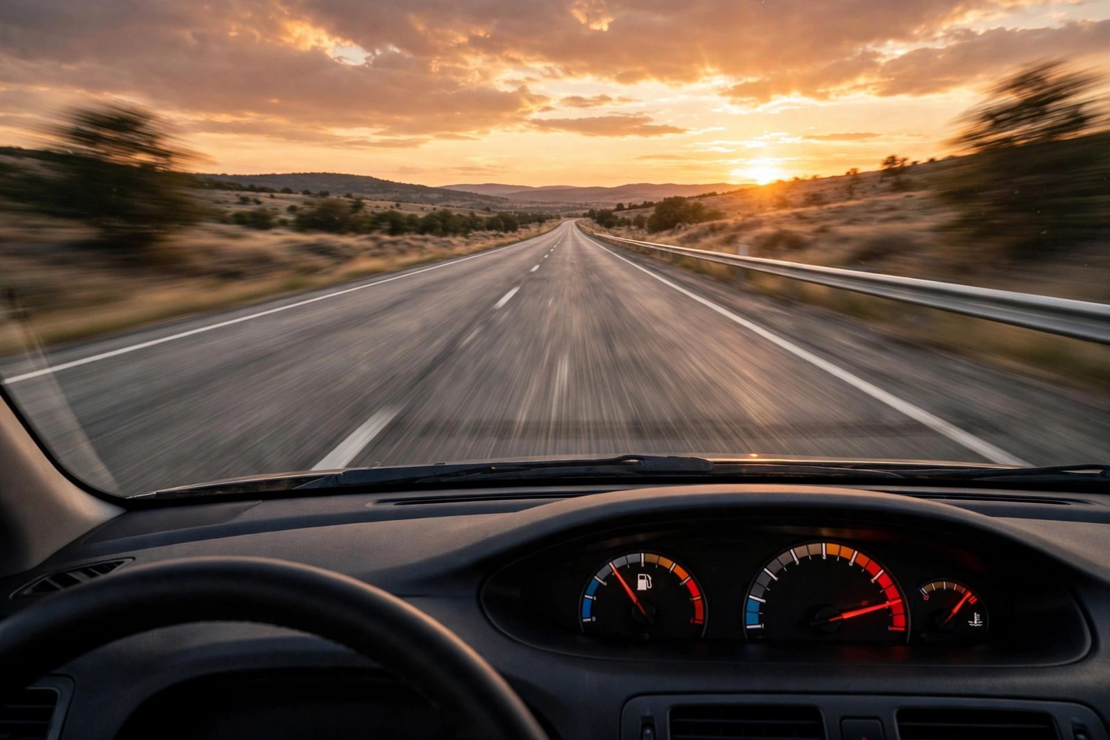 Car driving on a highway with the temperature gauge climbing toward hot