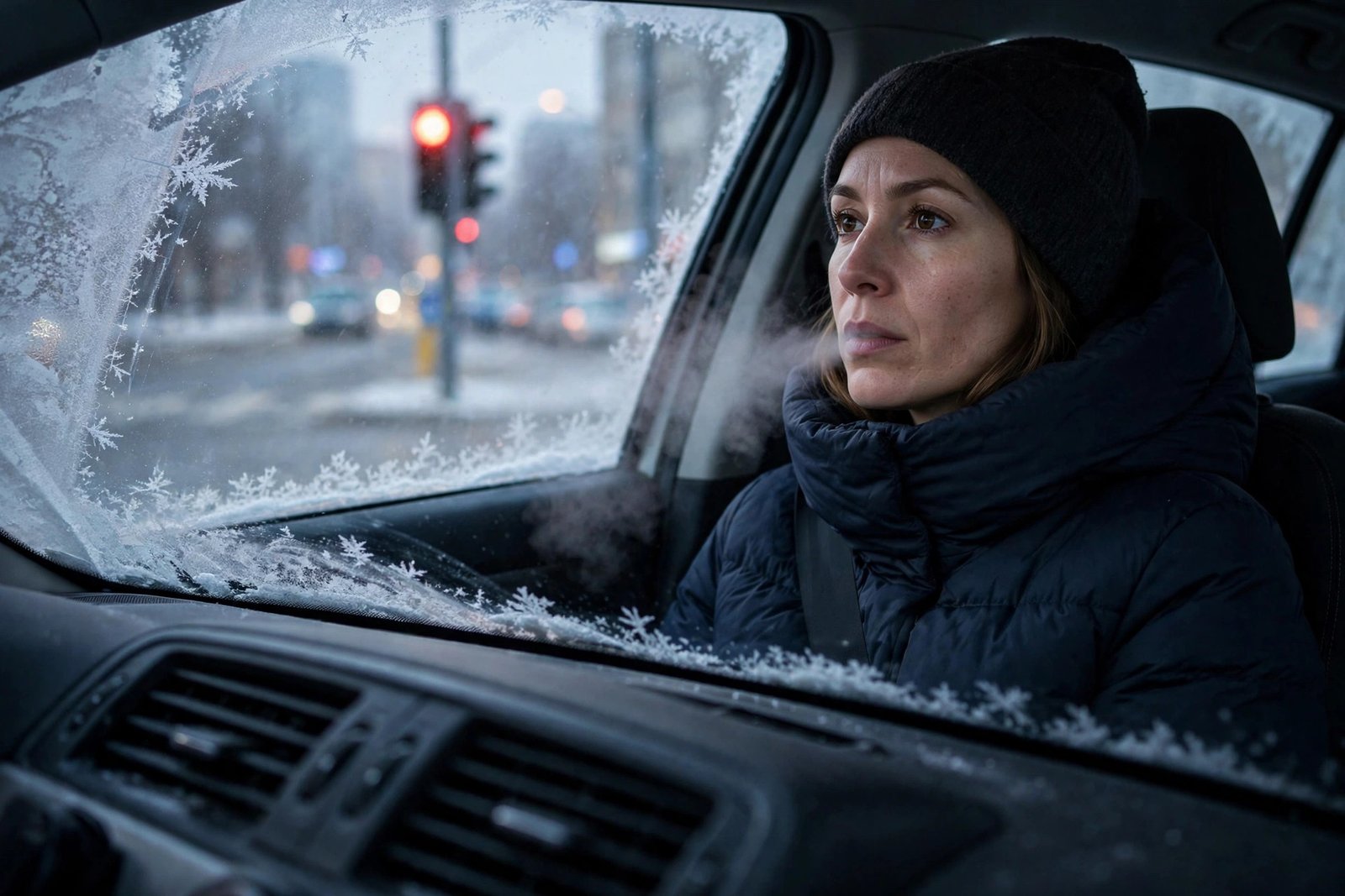 Driver waiting at a red light with cold air from car heater vents in winter