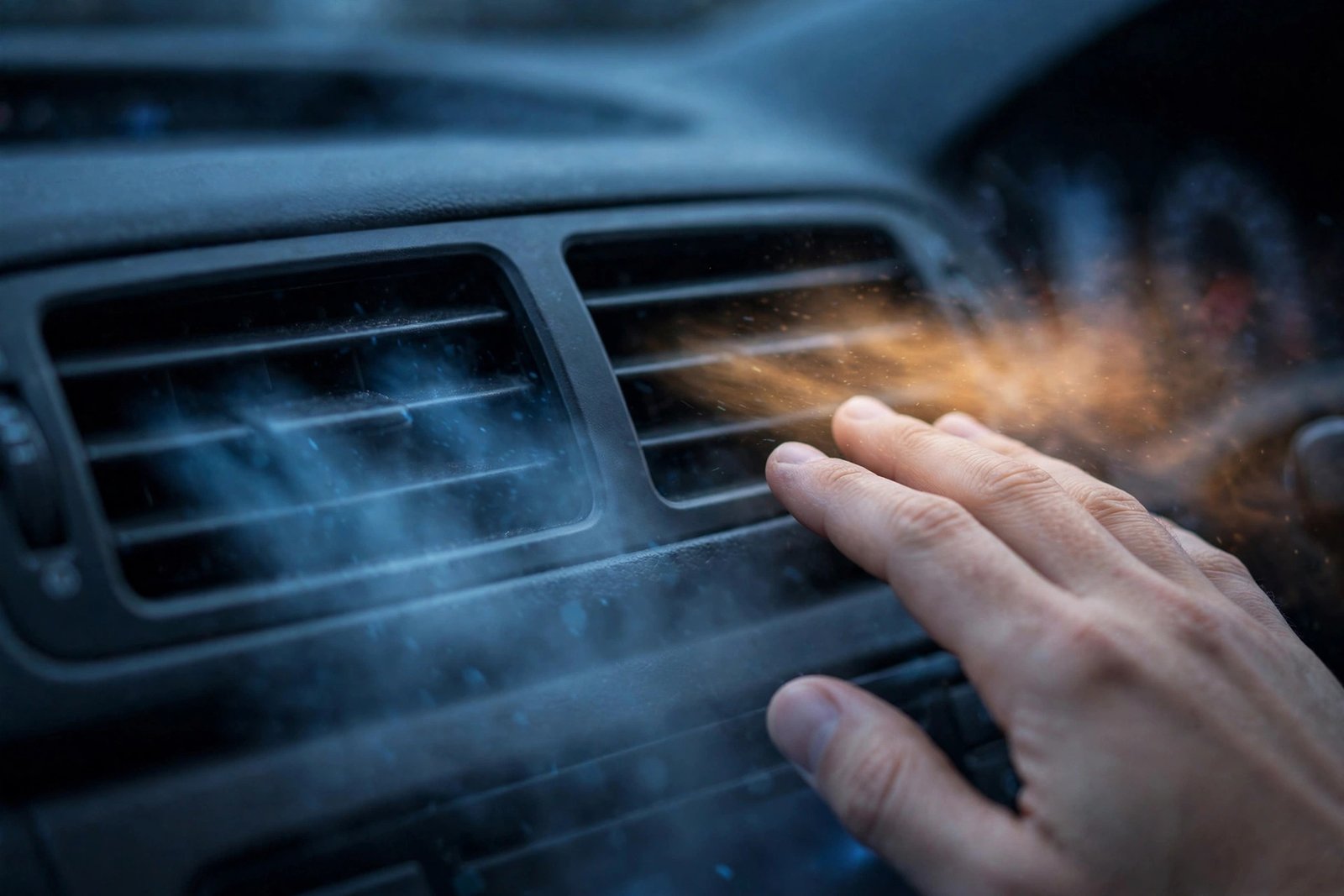 Car AC dashboard vents with alternating cold and warm air illustration