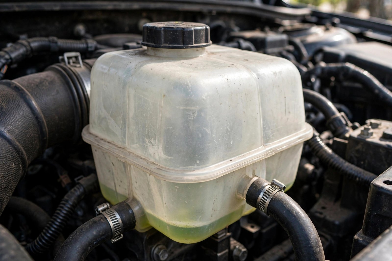 Nearly empty translucent coolant reservoir in a car engine bay