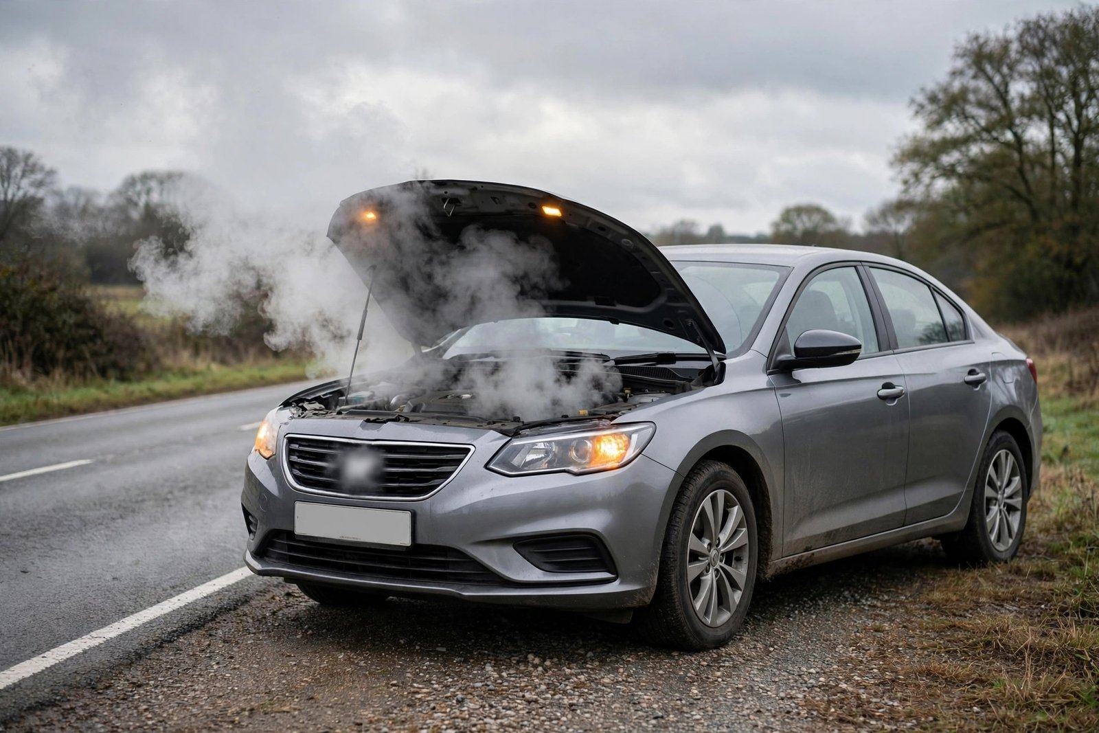 White steam rising from under the hood of a car pulled over on the roadside