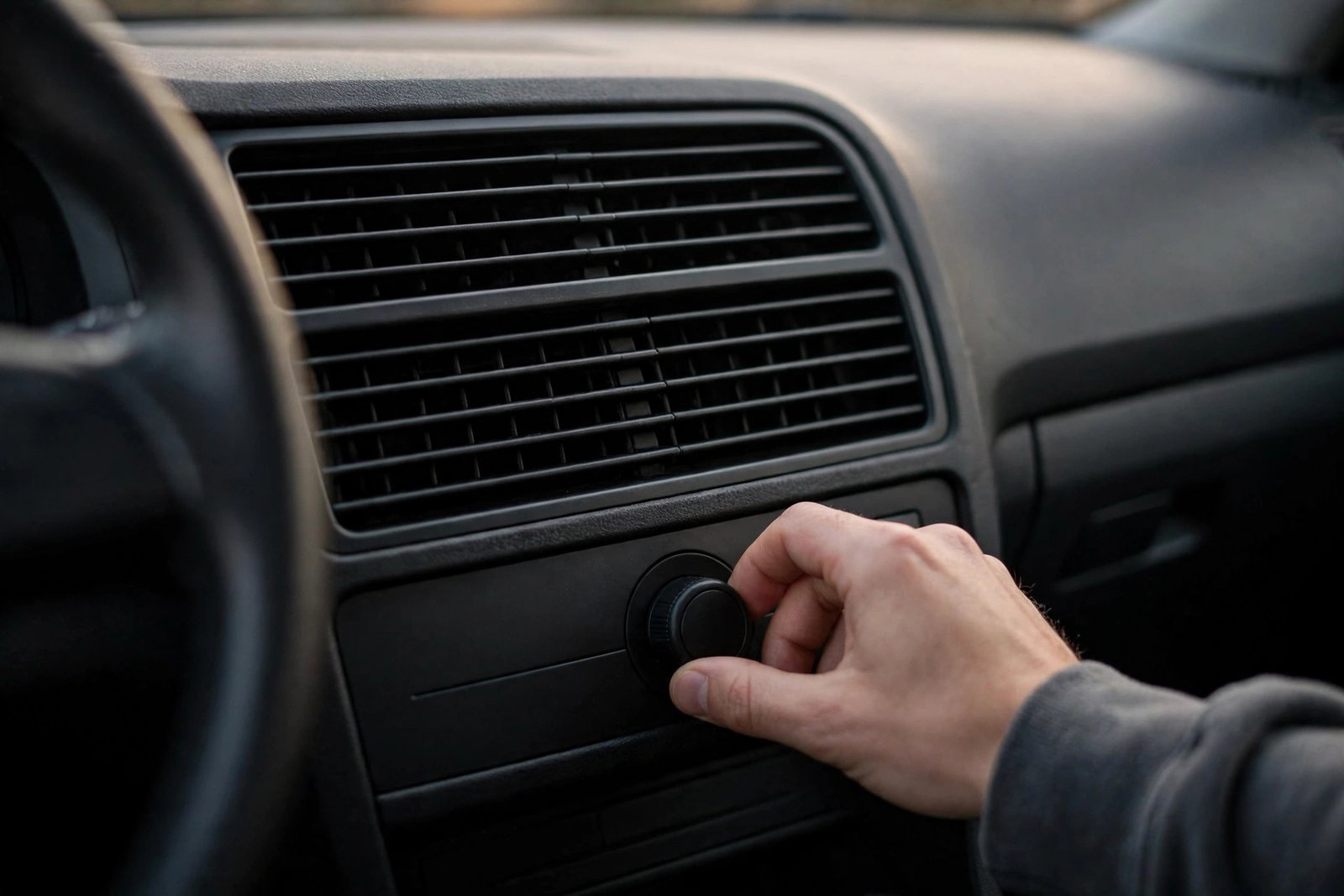 Car interior dashboard with air vents and a hand adjusting the fan speed dial