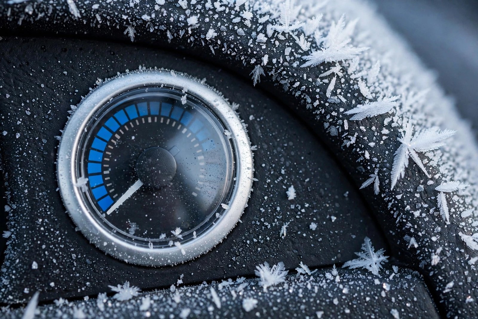 Car temperature gauge needle sitting low on a cold winter morning