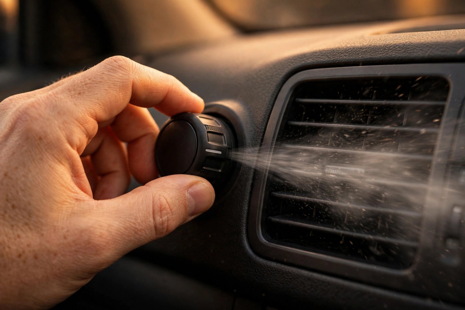 Hand turning a car heater fan speed dial with air flowing from the vent