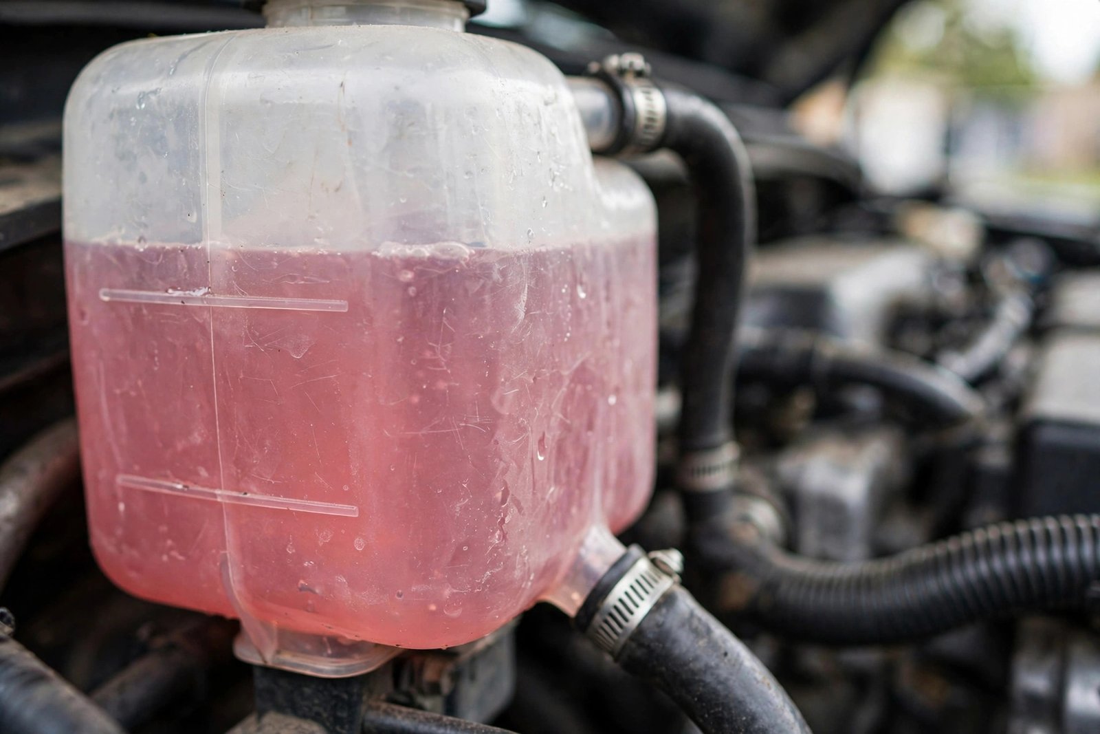 Translucent coolant reservoir in a car engine bay showing MIN and MAX marks