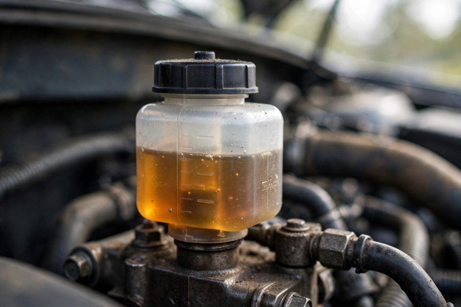Brake fluid reservoir on the master cylinder at the back of a car engine bay