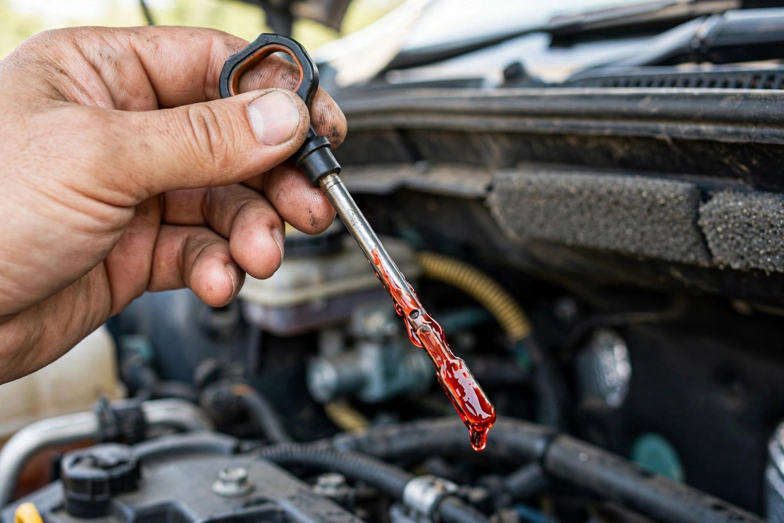 Transmission fluid dipstick being pulled from a car engine bay