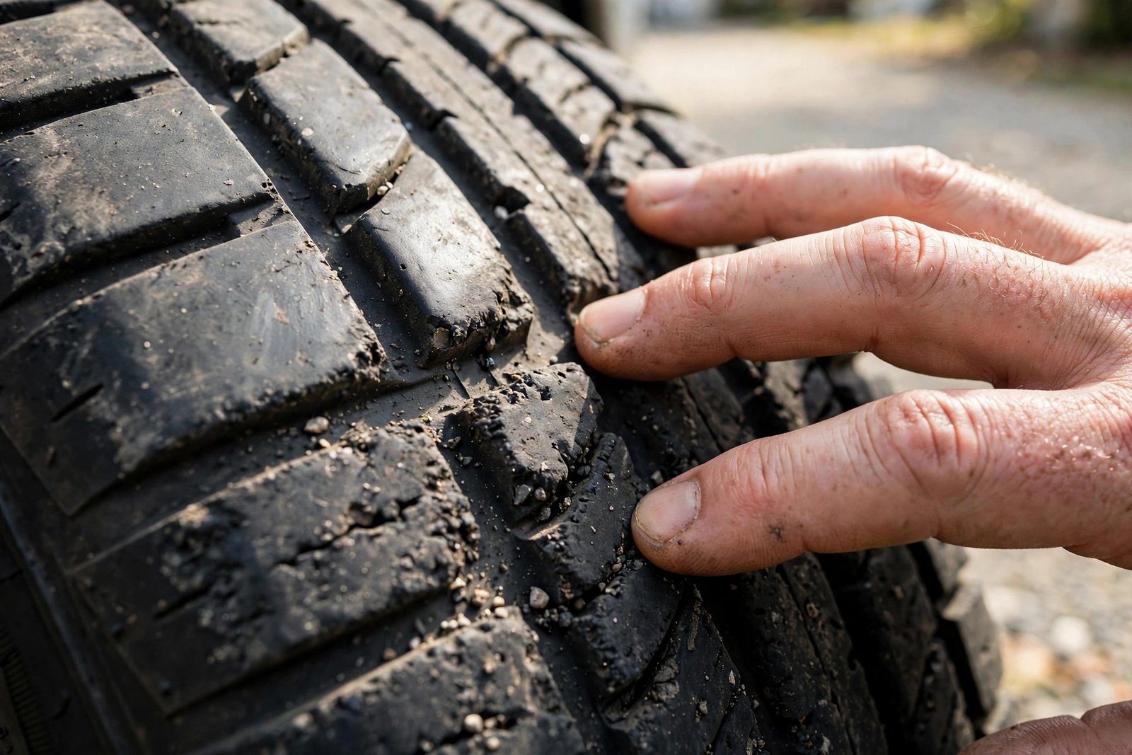 Close-up of a car tire showing uneven tread wear pattern