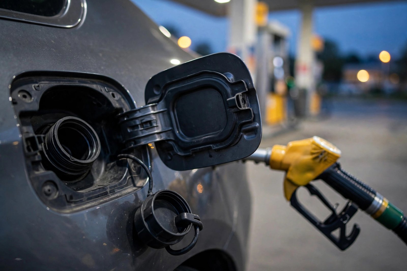Fuel filler area of a car with the gas cap visible