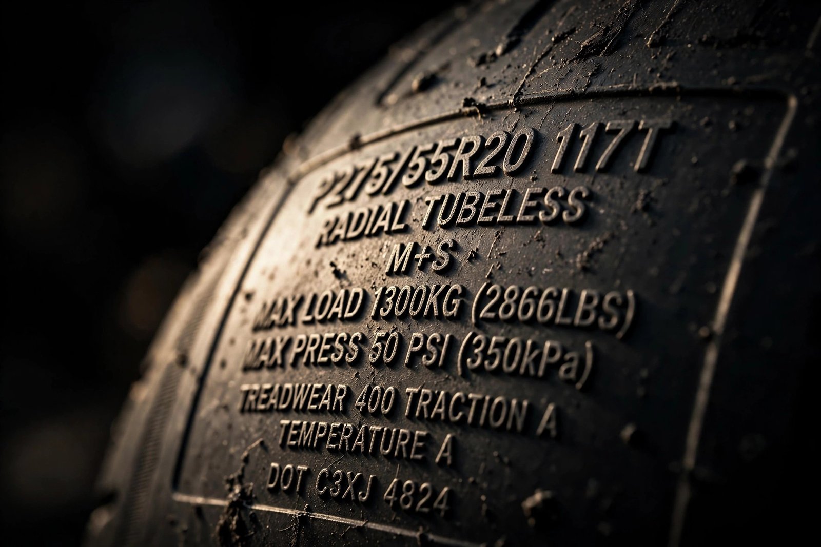 Close-up of tire sidewall showing size markings P225/65R17