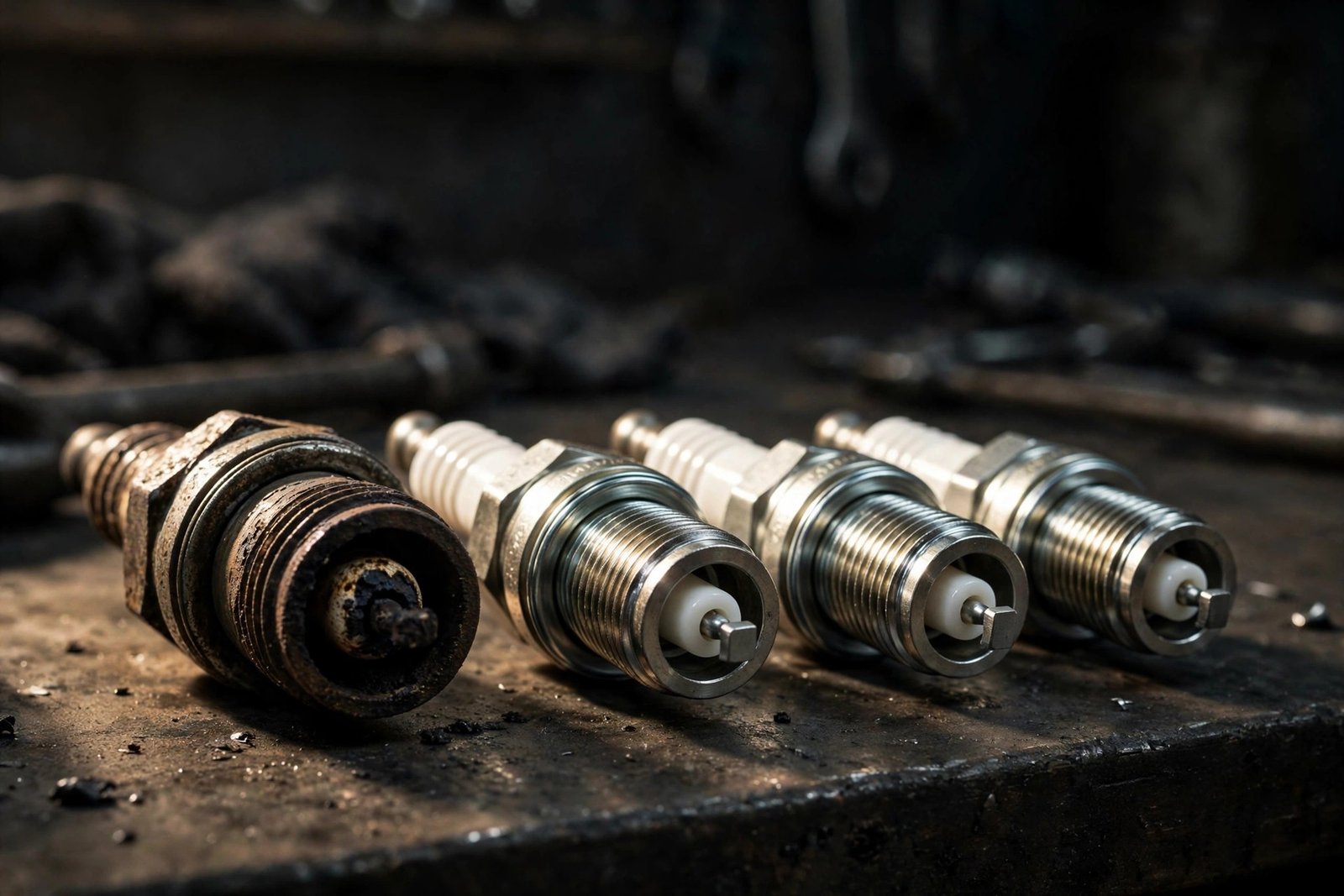 Worn spark plugs showing electrode erosion next to new ones