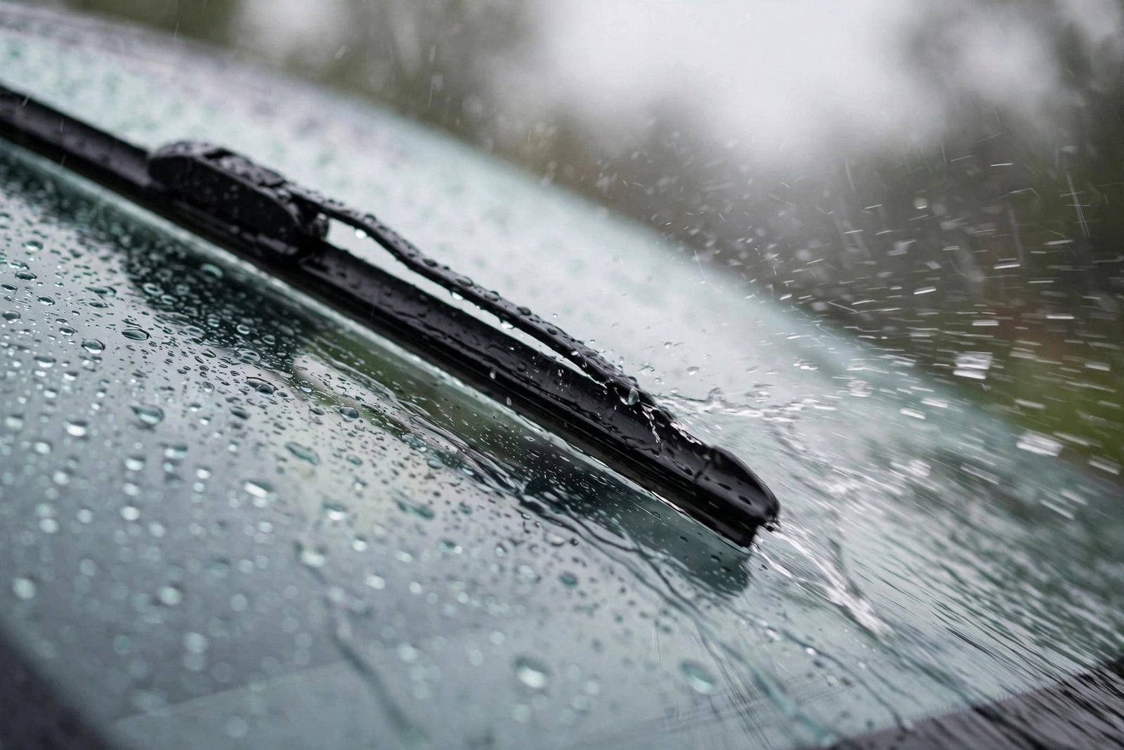 Windshield wiper blade mid-wipe on a rain-covered car windshield